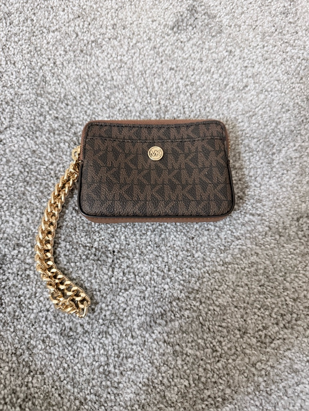 Michael Kors Brown Signature Card Holder Wristlet with Gold Chain